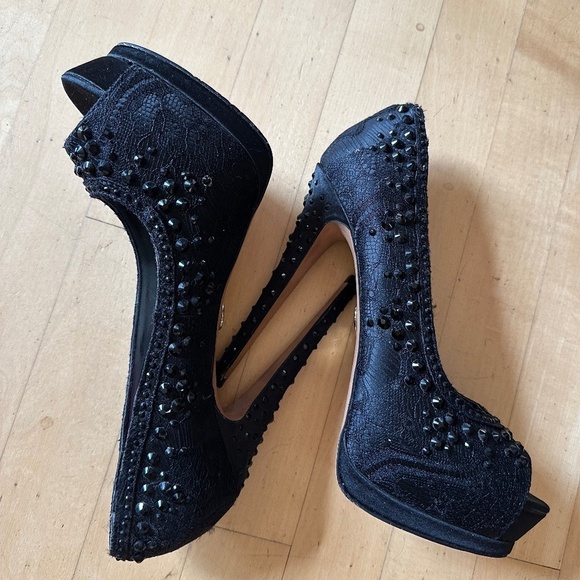 Betsey Johnson BBELA Rhinestone beaded platform peep toe stilettos, 7.5. - Picture 3 of 8